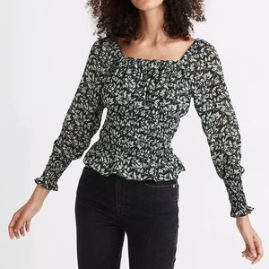 Madewell Georgette Square-Neck Smock-Waist Top in Forest Leaves